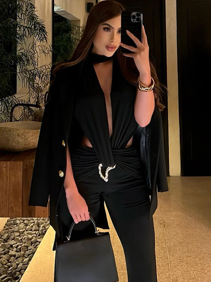 Kliou Sexy Fashion Jumpsuits Woman Deep V-Neck Sleeveless Metal Buckle Ruched Cross Bandage Midnight Prom Party Elegant Overalls