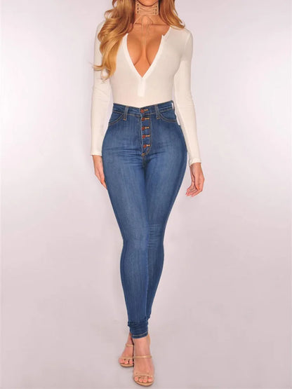 Women High Waist Elastic Slim Fit Skinny Jeans Lady Vintage Button Pencil Long Pants Narrow Straight Wrap Hips Casual Trousers