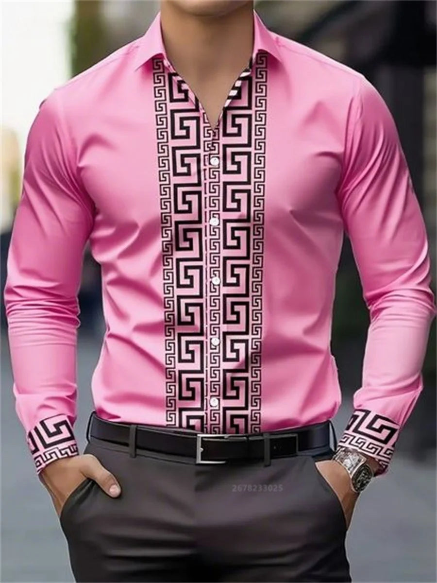 Men's long-sleeved shirt with pattern design, fashionable lapel button-down top, versatile, casual and comfortable men's top