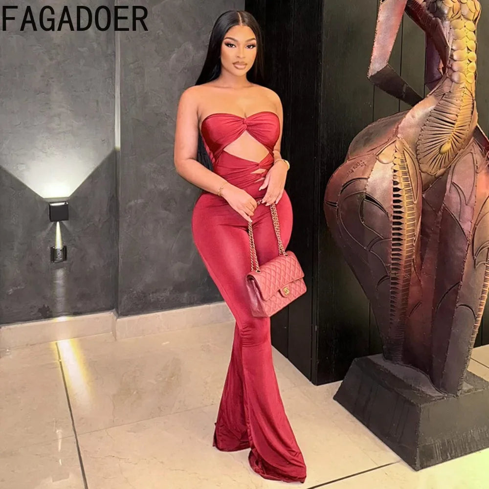 FAGADOER Spring New Sexy Hollow-out Bodycon Jumpsuits Woman Solid Color Sleeveless Backless Rompers Female Streetwear Overalls