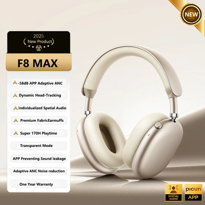 Picun F8 Pro ANC Wireless Headphones 3D Spatial Audio Head Tracking -52dB ANC HIFI Bluetooth Headset ENC HD Mic Low-Latency APP