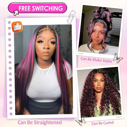 1B/Pink Ombre 13x6 HD Lace Front Wigs Pre Plucked 220% Density Body Wave Highlight Wig Human Hair Pink And Black Colored Wig
