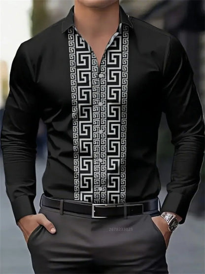 Men's long-sleeved shirt with pattern design, fashionable lapel button-down top, versatile, casual and comfortable men's top