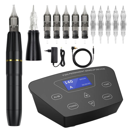 Professional P300 Permanent Makeup Tattoo Machine Kit 2 Heads Microblading Machine For Eyebrow Lip With Tattoo Cartridge Needles