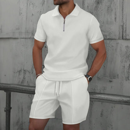 2025 Men Europe and the United States new summer Waffle solid color zip-up lapel short-sleeve suit shorts two sets