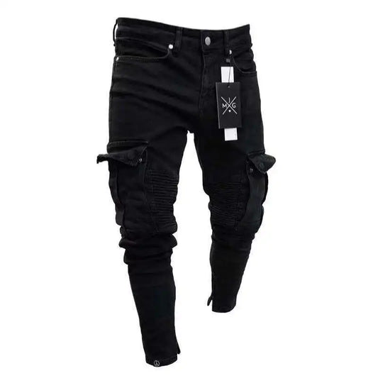 New Jeans Men Pants Wash Solid Color Multi Pockets Denim Mid Waist Cargo Jeans Plus Size Fahsion Casual Trousers Male Daily Wear