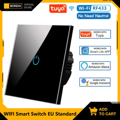BONDA Smart Switch Alexa RF433 No Neutral Tuya Control Works With Google 1/2/3 Gang Smart Life Home Light WiFi Touch Switches 86