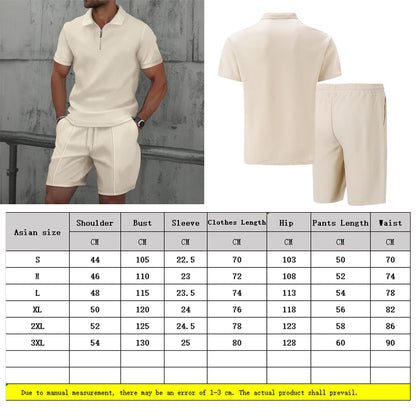 2025 Men Europe and the United States new summer Waffle solid color zip-up lapel short-sleeve suit shorts two sets