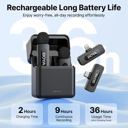 BOYA BY-V3 Wireless Lavalier Lapel Mirophone Noise-cancelling Rechargeable Mic for iPhone Android Camera Live Streaming Vlogging