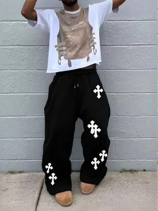 2025 Trendy Men's Black Wide Leg Pants Large White Cross Print Street Hip-Hop Pants Loose Casual Jogging Pants Gothic Fashion