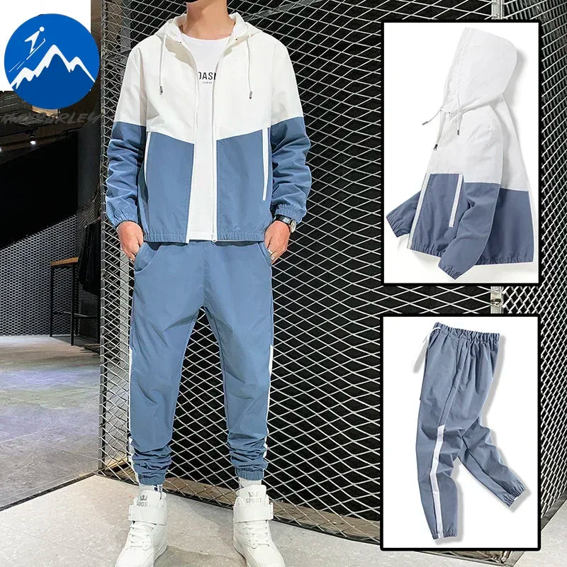 Spring Autumn Men Sportswear Suit Hooded Colorblock Casual Jacket + Pants Suit Man Teenager 2 Piece Jogger Sweatshirt Tracksuit