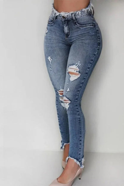 Women's high waisted fringed ripped jeans with irregular edges, slim fit and tight fitting style, fashionable and casual style