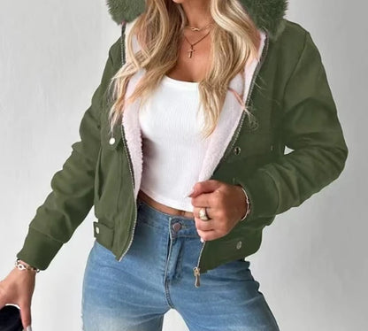 Women Jacket Streetwear Short Workwear Hooded Bag Casual Zip Up Pocket Design Lined Thickening Coats Autumn and Winter 2024 New