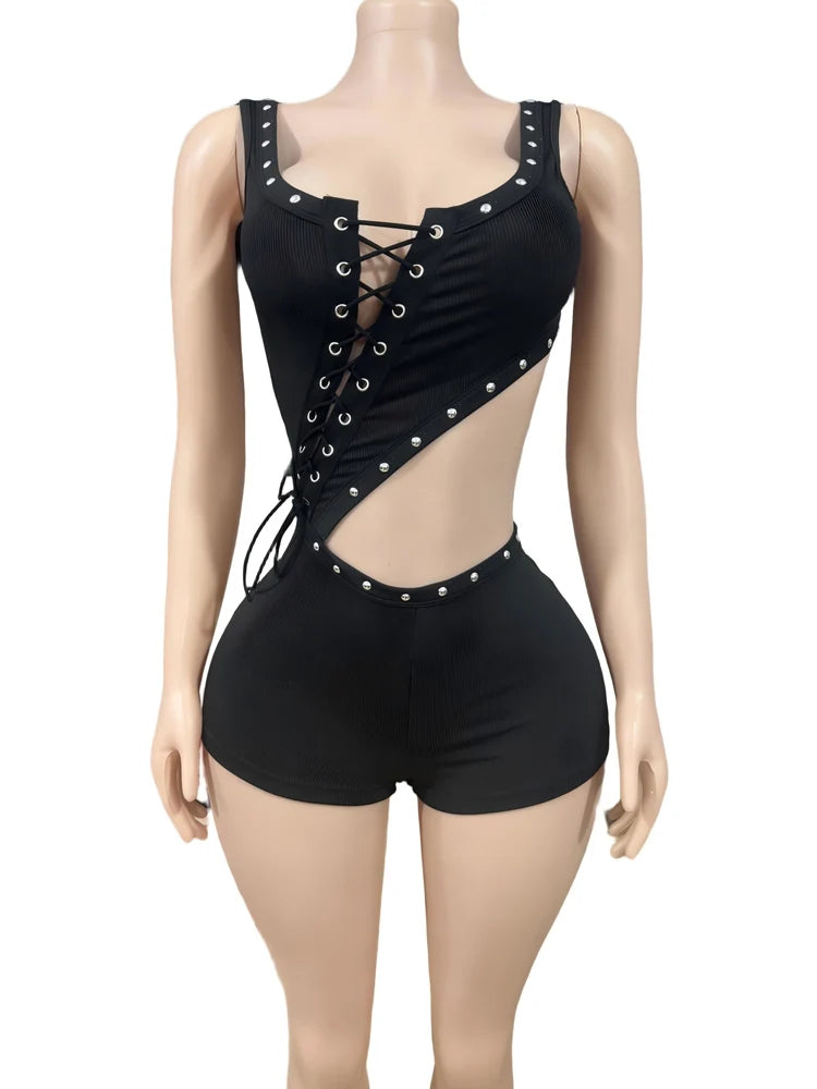 Beyprern Sexy Cut Out Rivet Studded Romper Women Eyelet Lace-Up One Piece Shorts Romper Aesthetic Clubwear Festival Rave Outfits