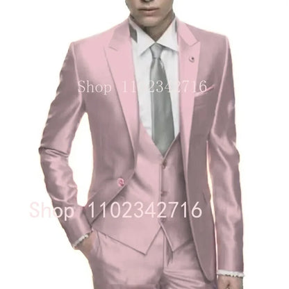 Silver Grey Satin Men Suit Slim Set Formal Wedding Skinny Stylish Male Blazer Party Custom Tuxedo 3 Piece Vestidos Suits for Men