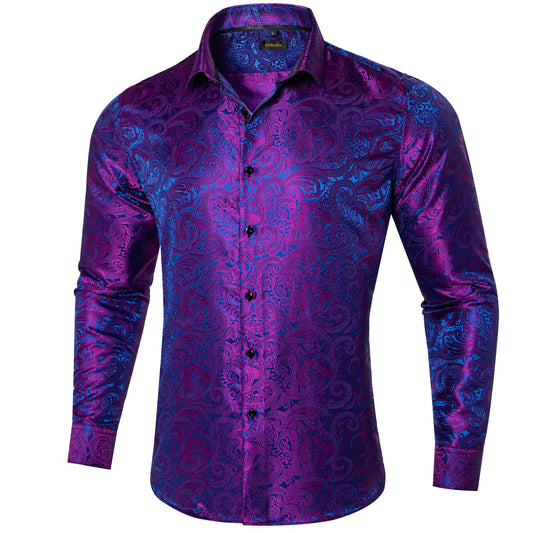 Luxury Purple Paisley Polyester Shirts for Men Long Sleeve Wedding Prom Men Clothing Button Down Collar Social Dress Shirt