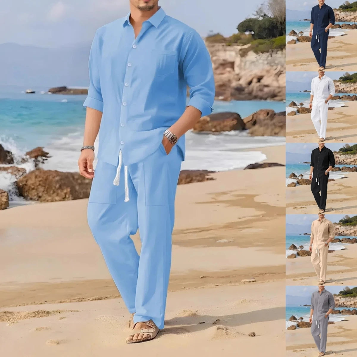 Spring,Summer  autumn New Men's Casual Long-Sleeved Set, Solid Shirt and Pants - Comfortable and Fashionable Two-Piece Set