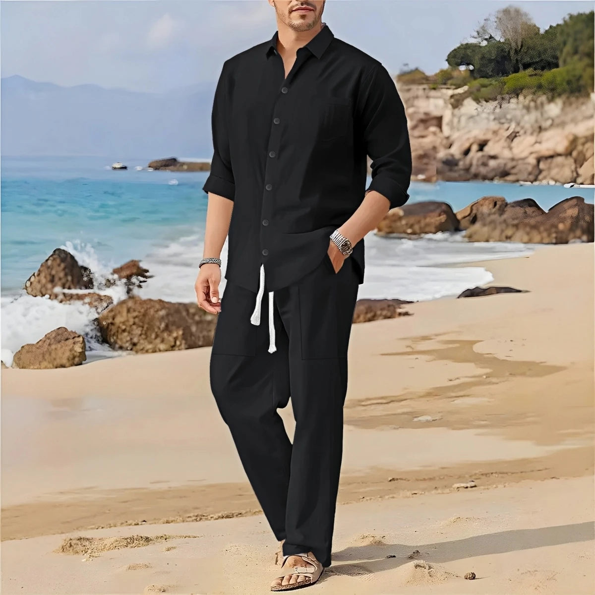 Spring,Summer  autumn New Men's Casual Long-Sleeved Set, Solid Shirt and Pants - Comfortable and Fashionable Two-Piece Set