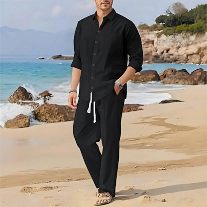 Spring,Summer  autumn New Men's Casual Long-Sleeved Set, Solid Shirt and Pants - Comfortable and Fashionable Two-Piece Set