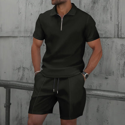 2025 Men Europe and the United States new summer Waffle solid color zip-up lapel short-sleeve suit shorts two sets