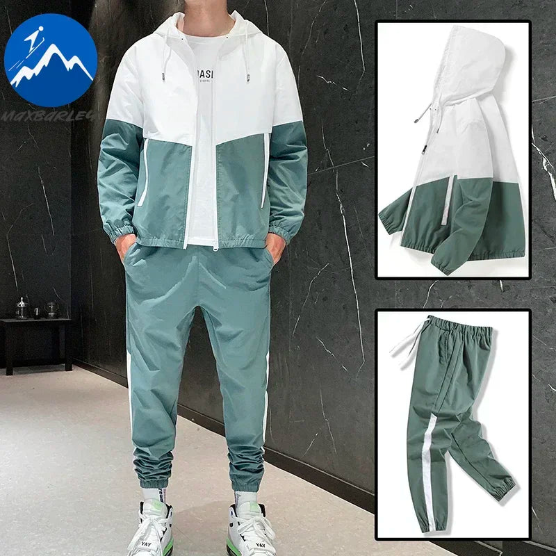 Spring Autumn Men Sportswear Suit Hooded Colorblock Casual Jacket + Pants Suit Man Teenager 2 Piece Jogger Sweatshirt Tracksuit