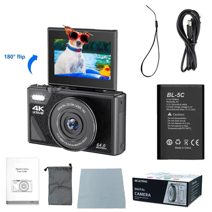 Ourlife AC600 Digital Camera 4K 64MP UHD Cameras 18X Digital Zoom 180° Flip Screen Vintage Vlogging Camera for YouTube Autofocus