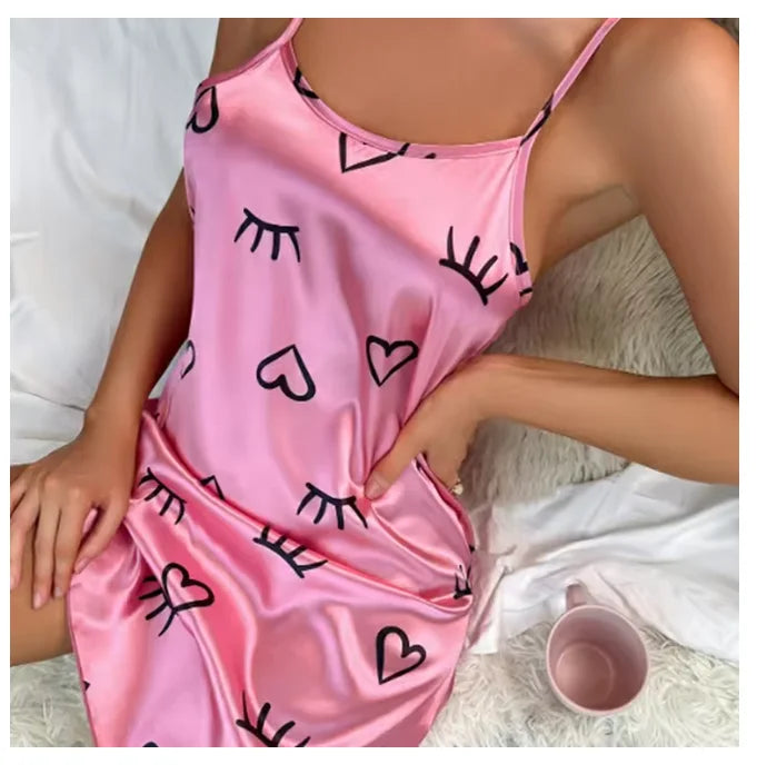 Women Nightwear Home Clothes Sexy Black Floral Printing Nightdress Sleepwear Nightshirts Silk Sleepshirts Nightgowns For Woman