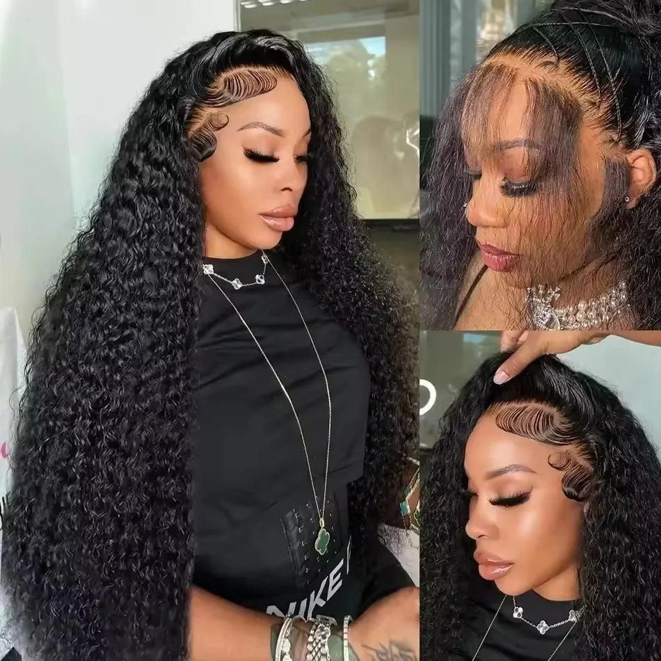 Deep Wave Lace Front Wigs Human Hair 200 Density HD Transparent Lace Frontal Wigs Human Hair 13x6 Pre Plucked Deep Curly Glueless Wig 100% Virgin Curly Human Hair Wig for Black Women