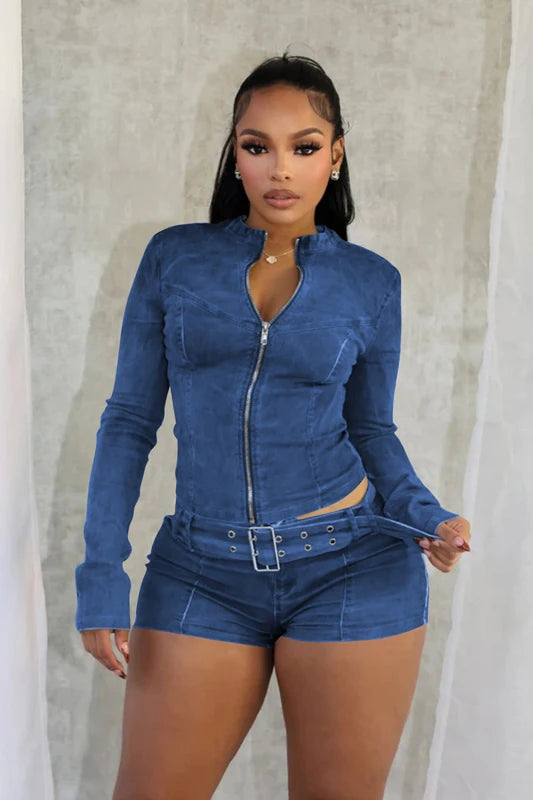 Sexy Denim Womens 2 Two Piece Set Stretchy Long Sleeve Zip Up Slim Jackets and Shorts Suits Y2k Streetwear Belt Jean Outfit Sets