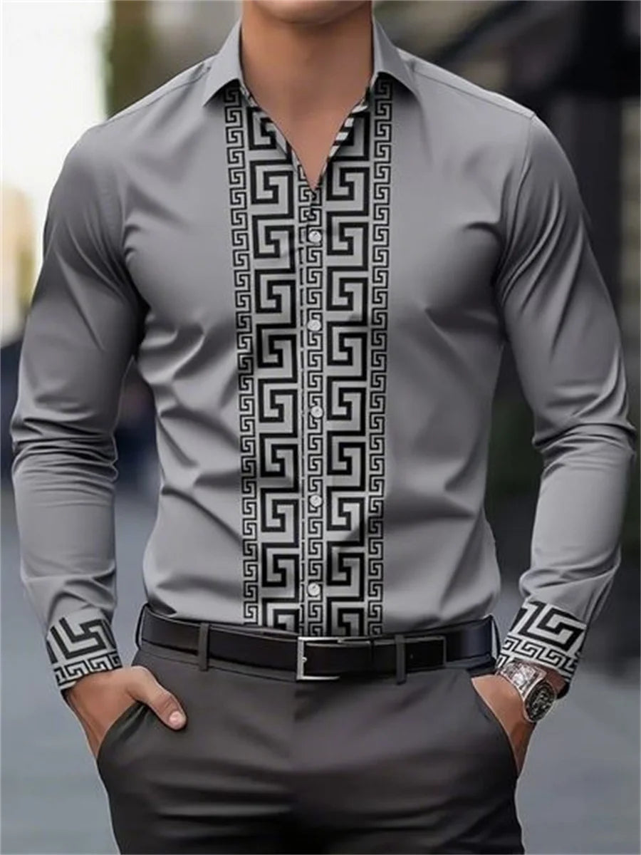 Men's long-sleeved shirt with pattern design, fashionable lapel button-down top, versatile, casual and comfortable men's top