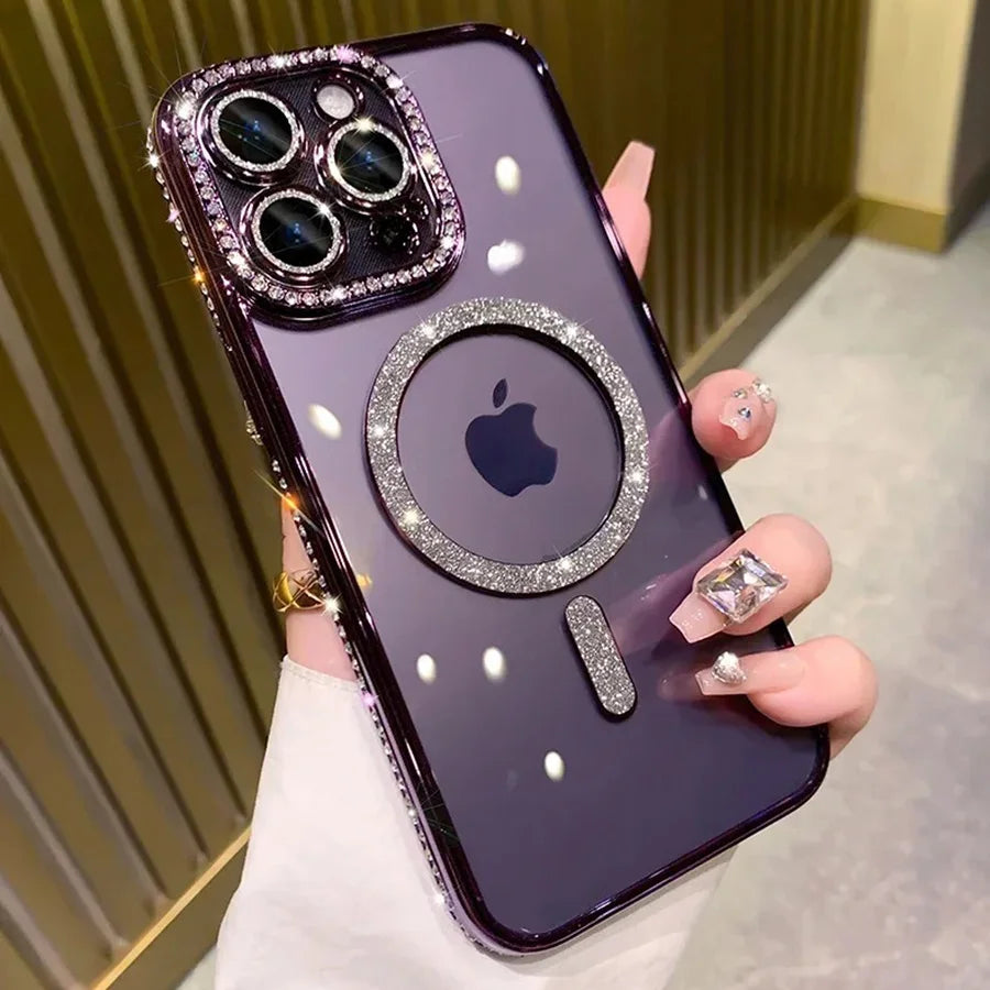 New Fashion Glitter Diamond Transparent Case For iPhone 17 16 15 14 13 11 12 Pro Max Funda Magnetic Wireless Charge Bumper Cover