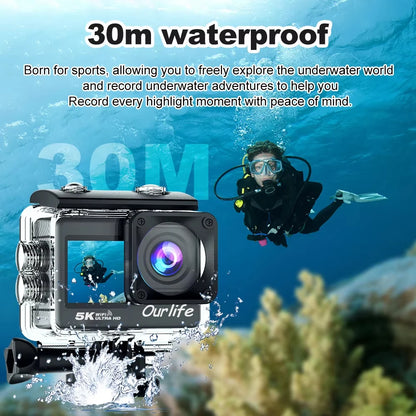 Ourlife 5K Action Camera 4K60FPS 2.0 Inch Touch Screen WiFi 170° Wide Angle 30M Waterproof Bicycle Motorcycles Sports Cameras
