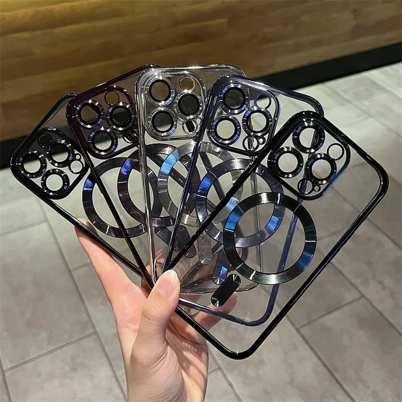 Luxury Plating For Magsafe Wireless Charge Case For iPhone 16 15 14 13 12 17 Pro Max Plus 16E Clear Soft Magnetic Silicon Cover