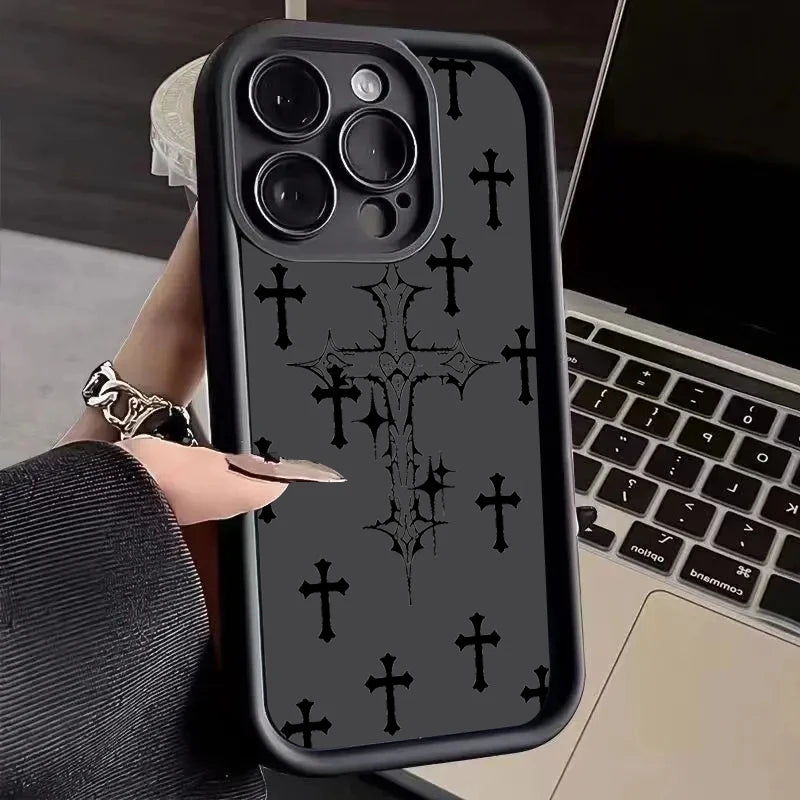 Black Cross Print Phone Case For iPhone 16 15 14 13 12 11 Pro Max X XS XR For iPhone 16E 7 8 15 16 Plus SE Shockproof Soft Cover