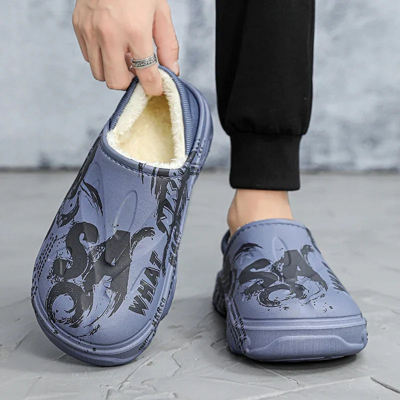 Fashion Winter Fur Slippers for Men Warm Indoor Cotton Shoes Waterproof Outdoor Garden Shoes Slip On Clogs Half Slides Sandals