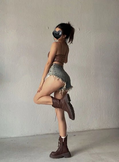 Summer High Waist Ripped Slim Fit Jeans Shorts for Women Distressed Denim Frayed Hem Irregular Fringe Vintage Style