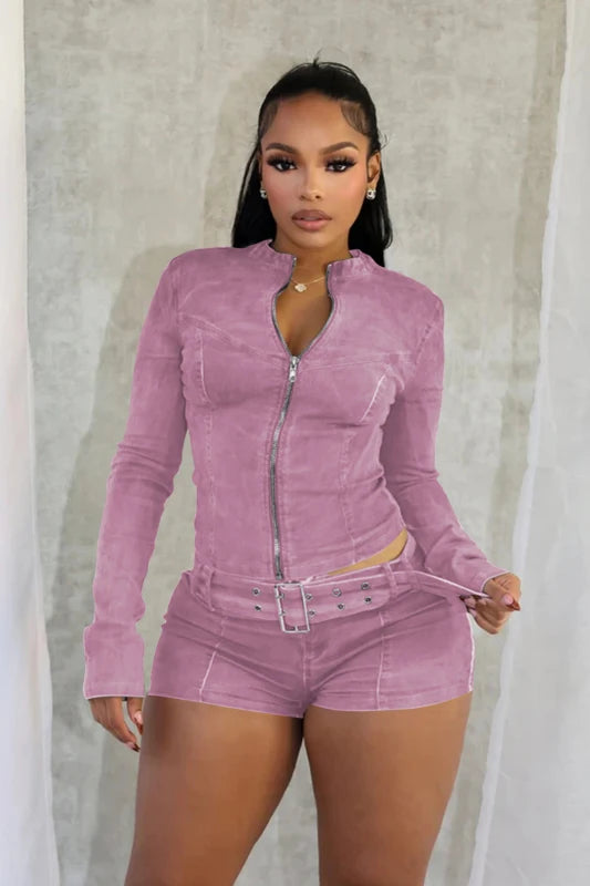 Sexy Denim Womens 2 Two Piece Set Stretchy Long Sleeve Zip Up Slim Jackets and Shorts Suits Y2k Streetwear Belt Jean Outfit Sets