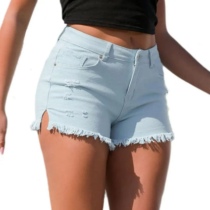 Summer Denim Shorts Women Ripped Edge Multi Pockets Button Zipper Slim High Waist Breathable Party Club Shorts Jeans Pink
