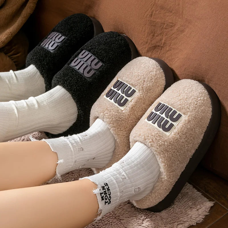New plush cotton slippers for women, autumn and winter indoor thick sole with plush anti slip slippers, thickened cotton slipper