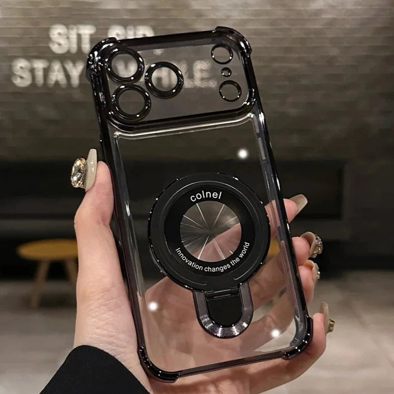 For Magsafe Wireless Charging Case For iPhone 17 Pro Max Air 14 15 Plus 13 12 16 Pro Transparent Plating Ring Holder Phone Cover