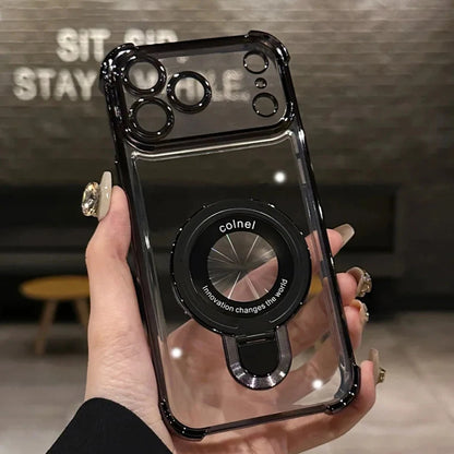 For Magsafe Wireless Charging Case For iPhone 17 Pro Max Air 14 15 Plus 13 12 16 Pro Transparent Plating Ring Holder Phone Cover