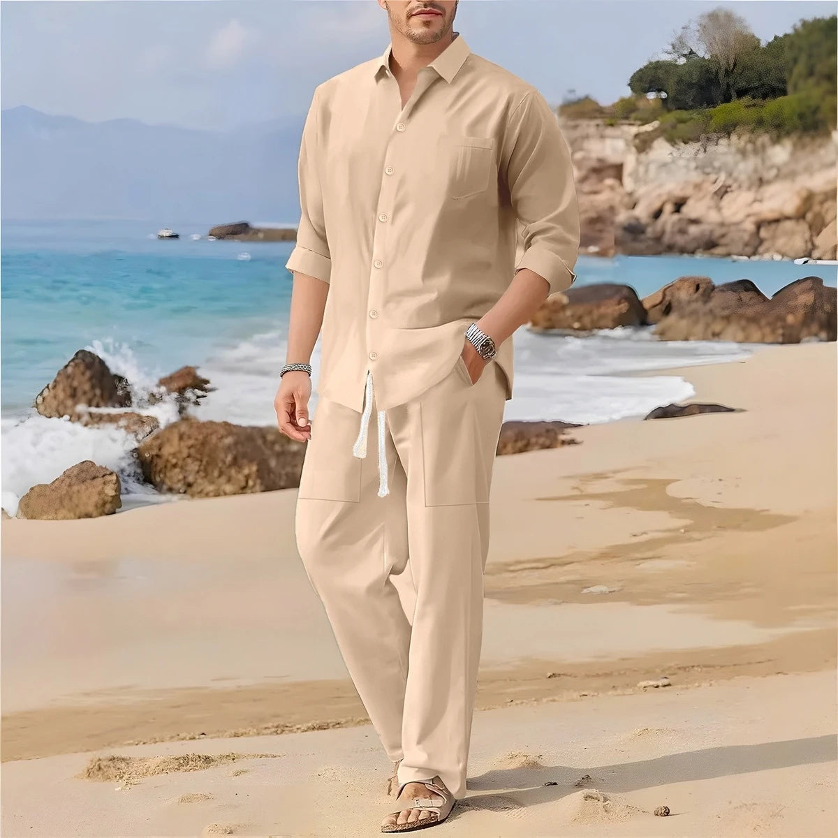 Spring,Summer  autumn New Men's Casual Long-Sleeved Set, Solid Shirt and Pants - Comfortable and Fashionable Two-Piece Set