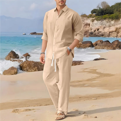 Spring,Summer  autumn New Men's Casual Long-Sleeved Set, Solid Shirt and Pants - Comfortable and Fashionable Two-Piece Set