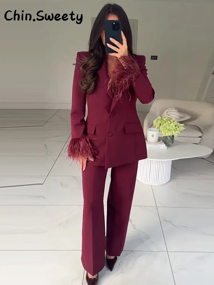 Street Women's Feather Suit Blazer Pants Set Lapel Shoulder Pads Full Sleeve Jackets Pockets Straight Pant 2025 Autumn Lady Suit