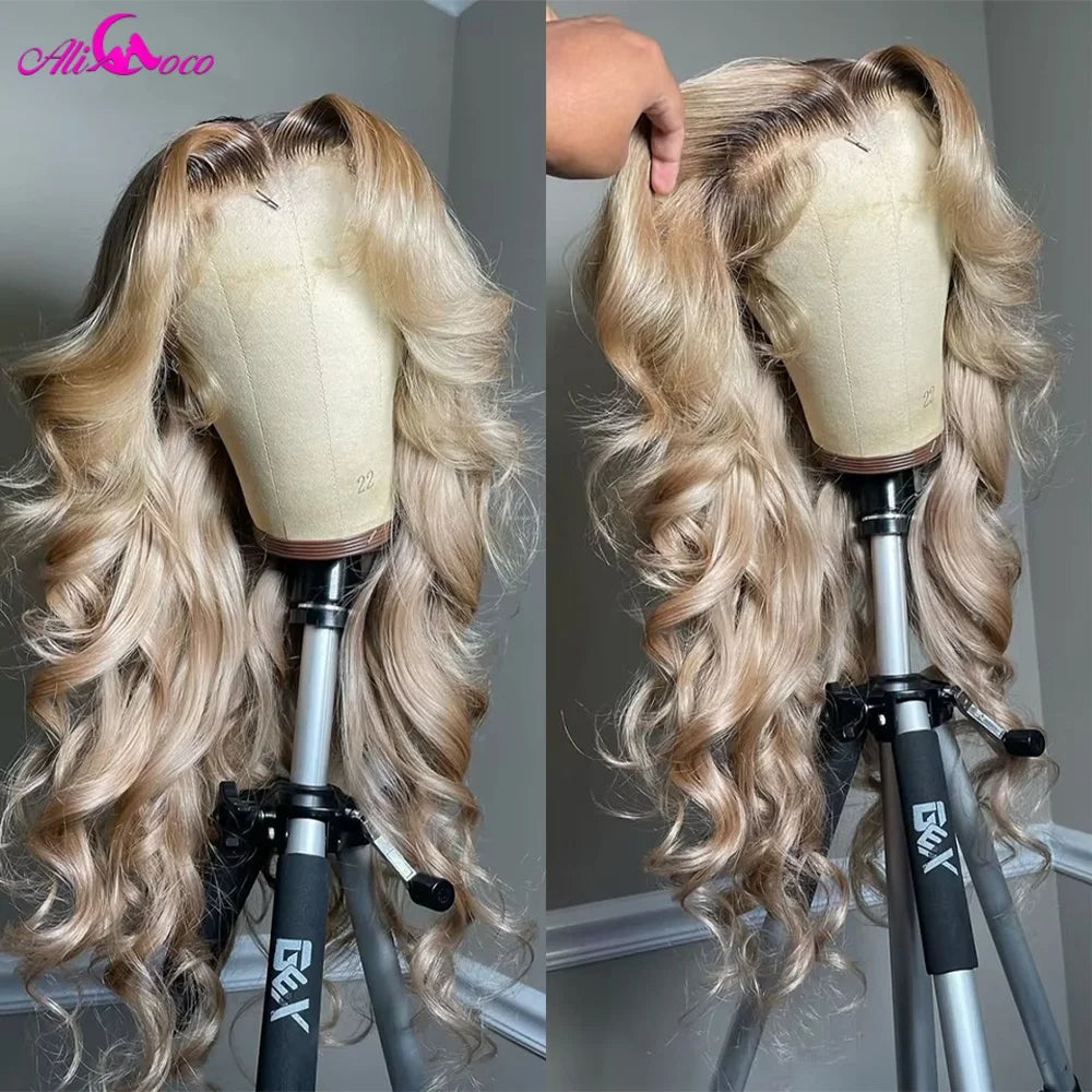180 Density Brown Roots Ash Blonde Body Wave Lace Frontal Wig 13x6 Ombre Ash Blonde Human Hair Wigs for Women