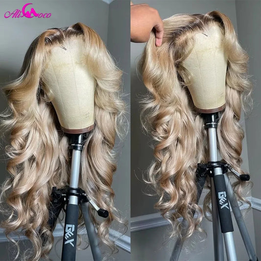 180 Density Brown Roots Ash Blonde Body Wave Lace Frontal Wig 13x6 Ombre Ash Blonde Human Hair Wigs for Women