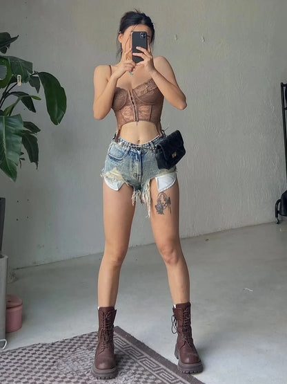 Summer High Waist Ripped Slim Fit Jeans Shorts for Women Distressed Denim Frayed Hem Irregular Fringe Vintage Style