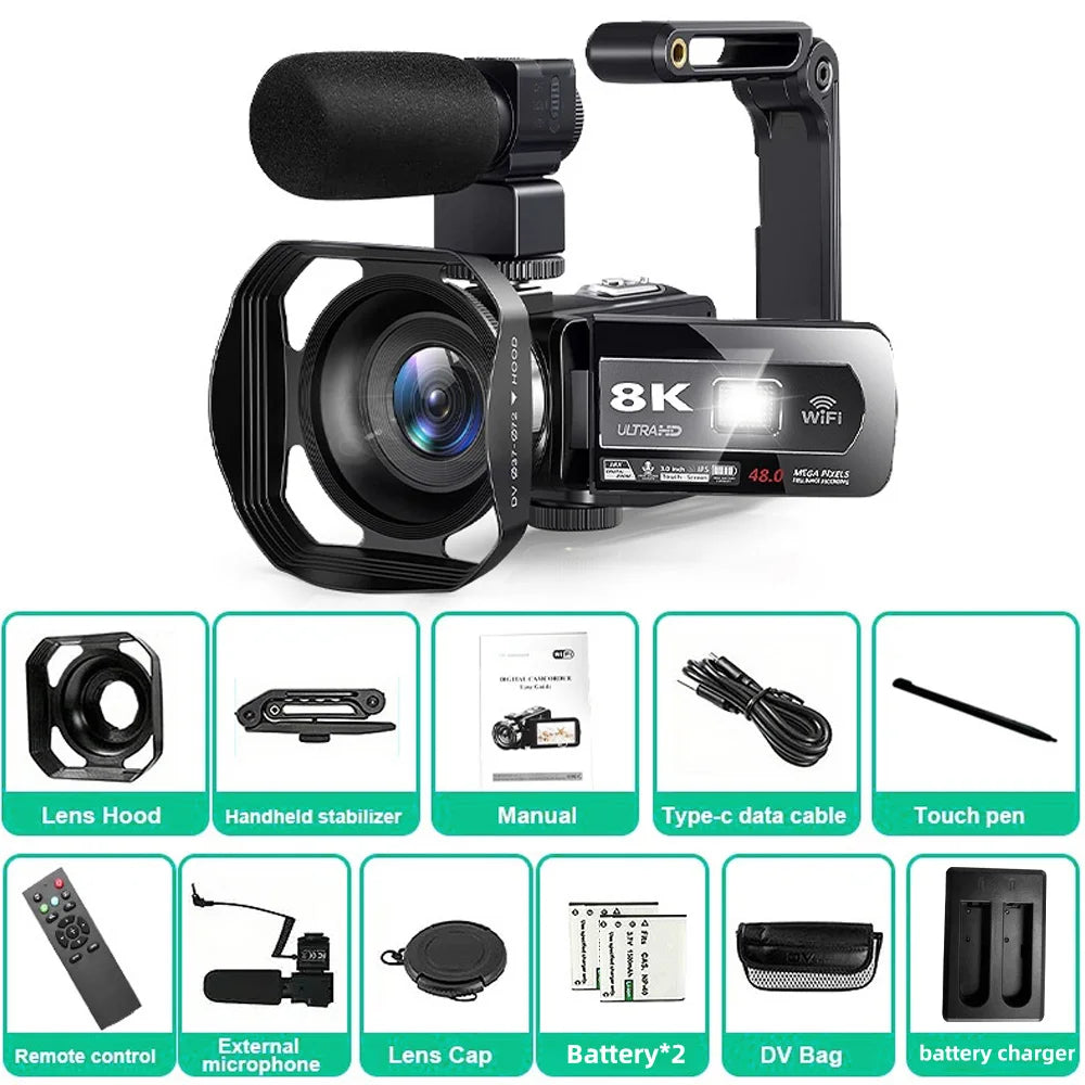 8K Digital Photography Camera 48MP Handheld DV 18X igital Zoom Camera Recorder 3'' LCD Touch Screen Portable Recording Camcorder