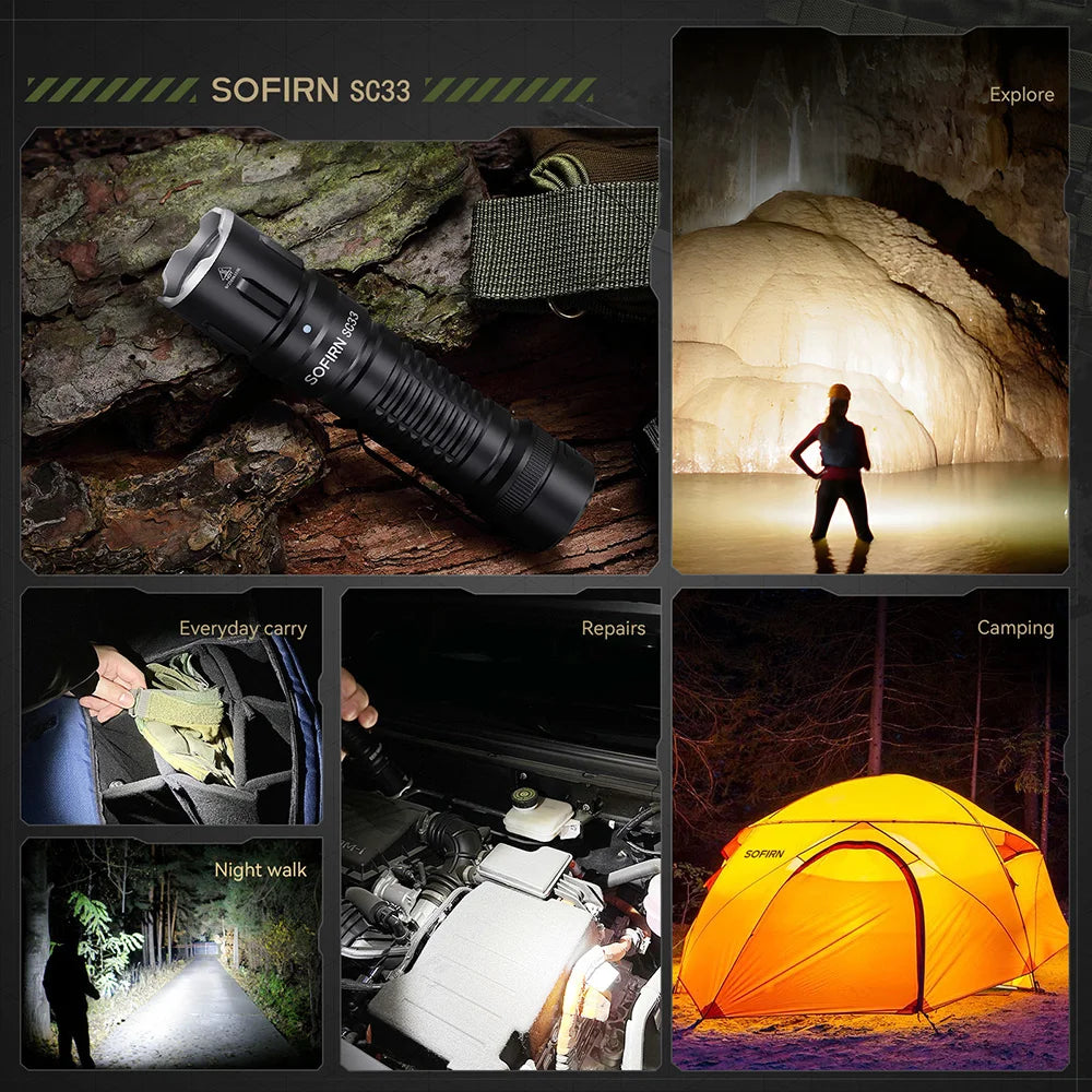 Sofirn SC33 XHP70.3 HI LED Flashlight Tactical 5200lm Powerful 21700 USB C Rechargeable Torch with Tail E-switch Outdoor Light