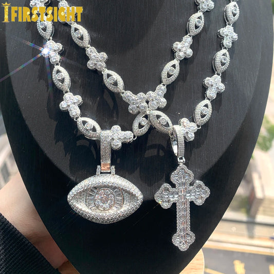 2025 New Eye Cross Necklace Iced Out Bling Silver Color Cubic Zirconia Charm Tennis Chain for Men Women Hip Hop Jewelry